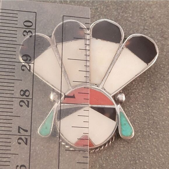 Vintage Sterling Zuni Sun Face Inlay Brooch Pin - Picture 8 of 9
